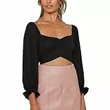 Damen Bauchfrei Oberteil Schulterfrei Rüschen Wrap Crop Top Langarmshirt mit Lange Puffärmel Bluse Binden Zurück Shirts für Party Freizeit(L-Typ 1)
