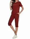 Aottori Jogginganzug Damen Set Rundhals Kurze Ärmel Trainingsanzug Zweiteiler Elegant Hausanzug Freizeitanzug Sportanzug 2 Teiler Sommer Outfits Weinrot XXL