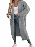 Fisoew Strickjacke Damen Lang Cardigan Langarm Oversized Strickmantel Open Front Sweater Jacke mit Taschen,Hellgrau,XXL