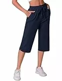 Crewhpo 7/8 Hose Damen Sommer Jogginghose mit Taschen Einfarbige Sporthose Locker für Frauen Sweathose Trainingshose Yogahose High Waist Blau