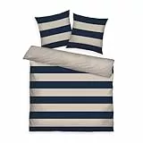 TOM TAILOR Renforcé-Bettwäsche, 2*80x80 cm + 200x220 cm, 100% Baumwolle/ Renforcé, mit Wendemotiv und farbigem Markenreißverschluss, BOLD STRIPES Blau, Beige (Dark Navy & Sunny Sand)