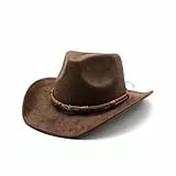 YASHIIN Cowboyhut für Männer und Frauen Breite Krempe im Freien Wildleder Hut Klassische Kaffeefarbe Weich Bequem Verstellbare Größe Mit Metall Schädel Geflochtenes Band