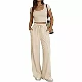 Generisch Flauschige Schlafanzüge Damen, Hausanzug Jogginganzug Set Lounge 2 Teiler Sportanzug Damen Y2K Outfit Homewear Mit Crop Top Und Schlaghosen Zweiteiler (M, Weiß)
