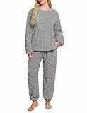 Niwicee Schlafanzug Damen Lang Fleece Pyjama Set Winter Hausanzug Kuschelige Warm Flauschig Nachtwäsche Sleepwear Zweiteiliger Oberteile Und Hosen Freizeitanzug mit Taschen (Grau, M)