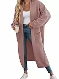 Fisoew Strickjacke Damen Lang Cardigan Langarm Oversized Strickmantel Open Front Sweater Jacke mit Taschen,Rosa,M