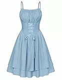 SCARLET DARKNESS Damen Rockabilly Sonnenkleid Elegant Hohe Taille Einfarbig Freizeit Kleid Hellblau M