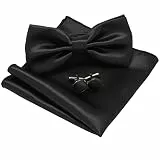 JEMYGINS Fliege Herren Schwarz 3 Satin Zweifach Gefaltet und Einstecktuch mit Manschettenknöpfe Sets(3)