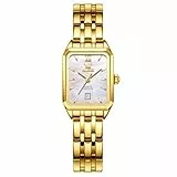 OLEVS Gold Uhr Damen Edelstahl Eleagnt Quarz Analog Damenuhren Weiß Zifferblatt Klein Vintage Armbanduhren für Damen Metallarmband Eckig Wasserdicht Damenarmbanduhr mit Datum Geschenke für Frauen