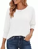 Aottori Bluse Damen Sommer Rundhals Shirt 3/4 Arm Baumwolle Tops Elegante Oberteile Business Tshirt Tunika Casual Weiß M