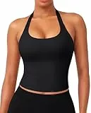ZAAYO Impact Halter Neckline Tank Top Damen Longline Rückenfreies Scoop Gepolsterte Crop Top Sport Workout Basic Sexy Ãrmellose Sommer Oberteile Schwarz S