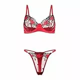 Satohom Damen Sexy Dessous-Set 2-teilig Spitze durchsichtig Blumenstickerei V-Ausschnitt Unterwäsche Push-Up-Teddy-Outfits Bügel-BH Höschen-Sets ausgehöhltes Babydoll Nachtwäsche für Frauen zum