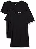 Amazon Essentials Damen Kurzärmeliges T-Shirt mit Rundhalsausschnitt, Schmale Passform, 2er-Pack, Schwarz, M