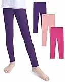 KEREDA 3er-Pack Leggings Mädchen Sporthose Kinder Baumwolle Sport Hose Teenager Turnhose Lang Rosarot/Rosa/Dunkelviolett 134-140