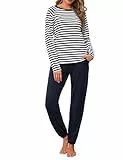 Uniexcosm Schlafanzug Damen Lang Zweiteiler Baumwolle Pyjama Set Rundhals Streifen Oberteil und Pyjamahose Winter Loungewear Dunkelblau M