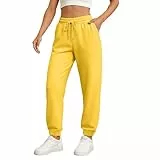 HSUAYEUD Jogginghose Damen Baggy Sporthose Lang Warme Traininghose Gefütterte Freizeithose Fleece Sweatpants Laufhosen mit Elastischem Bund Yoga Hose Gerades Bein Gelb S