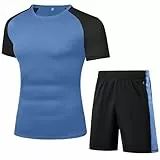 Wayleb Jogginganzug Herren kurz Trainingsanzug Sportanzug Atmungsaktiv Rundhals Sportbekleidung Komfortables Sportshirt Sporthose mit Reißverschlusstasche für Sport Fitness, Blau L