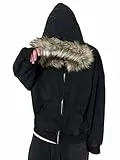 ORANDESIGNE Y2K Hoodie Herren Zip Up Kapuzenpullover Jacke mit Fellkapuze Warmer Pelz Wintermantel Streetwear B Schwarz S