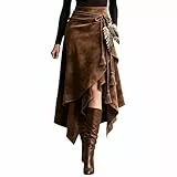 Wildleder Rock Damen Cowgirl Kostüme Trachtenrock Cowgirl Vintage Hippie Midi Röcke Western Rock Asymmetrischer Saum Lange Gothic Kleidung A-Linie Rock Hoch Taillierte Bodycon Winterrock