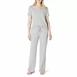 Amazon Essentials Damen Nachtwäsche-Set Aus Kurzärmligem T-Shirt Und Hose Aus Weichem Baumwollmix, Mittelgrau Meliert, L