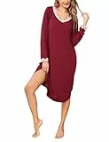 Litherday Nachthemd Damen Langarm Baumwolle Schlafshirt Winter V-Ausschnitt Sexy Nachthemden für Damen mit Spitze