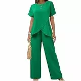 AACH Hosenanzug Damen Sommer Outfits Elegant Slim Fit 2-Teiliges Kurze Ärmel Rundkragen Oberteile und Weite Hose Zweiteiler Geschäft Büro Sportanzug Locker Einfarbig Freizeitanzug Mode Anzug