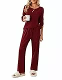 Ekouaer Damen Schlafanzug Lang Weich Pyjama Set mit Taschen Zweiteiler Sleepwear Winter Hausanzug, Weinrot, M