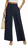 BEIGAI Damen Hosen Weite Lose Gerade Geschnitten Palazzo Hose Hohe Taille Dehnbar Lounge Elegante Hose mit Taschen,Marineblau,M