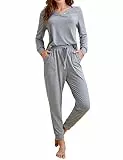 Clearlove Schlafanzug Damen Lang Zweiteiliger Nachtwäsche Langarm Pyjama Set Frauen Hausanzug Loungewear mit Taschen Grau S