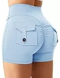 STARBILD Damen Fitness Shorts 3 Zoll Innennaht, High Waist Bauchweg Control mit V-Cross Bund, Scrunch Leggings Kurze Push Up mit Cargo-Taschen für Yoga Gym Sommer, 7.5cm Inseam Cargo - Hellblau S