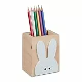 Relaxdays Stiftehalter Hase, Holz, HxBxT: 10 x 8 x 6 cm, Kinder Stiftebecher für Schreibtisch, Pinselhalter, Natur/weiß