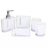 5-Stück Erstklassig Badezimmer Set (aus Hochwertige Acryl mit Diamanten) Bad Accessoire Set Lotion-Flaschen, Zahnbürstenhalter, Zahn-Becher, Seifenschale (Weiß)