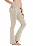 BAYGE Damen Thermo Bootcut Yogahose Winter Hohe Taille Fleece Gefüttert Wasserdicht Blickdicht Bauchkontrolle Slim Fit Leggings Sporthose Schlaghose Sweathose Fitnesshose mit Taschen, Khaki, XL