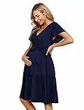 KOJOOIN Damen Umstandskleid V-Ausschnitt Stillkleid Casual Schwangerschafts Kleider mit Rüsche Dunkelblau1(Kurzarm) XXL