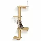 Kratzbaum 125cm Kletterwand Katzen, Wandmontierter Kratznbaum 4 Etagen mit Sisalauflage aus Natürliches Holz, Wandelemente für Katzen zum Klettern, Kratzen und Spielen
