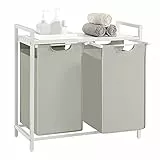 VASAGLE Wäschekorb 2 Fächer, Wäschesammler mit Ablage, Wäschebox, Wäschesack aus Oxford-Gewebe abnehmbar, Metallrahmen, 2 x 46 L, 73 x 33 x 72 cm, cremeweiß-mattweiß BLH201W01