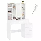 VASAGLE Schminktisch mit LED-Beleuchtung, einstellbare Helligkeit, Frisiertisch mit Spiegel, Kosmetiktisch mit Schubladen, offenen Fächern, verstellbaren Ablagen, modern, wolkenweiß RDT124W01