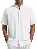Friptspyg Leinenhemd Herren Kurzarm Baumwolle Leinen Hemd Freizeit Sommerhemd Button-Down Strandhemd, Weiß XXL