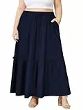 Moon Wood Damen Sommerrock Langer Rock Maxirock Stretch Hohe Taille Plisseerock mit Taschen Große Größen Marineblau 5XL