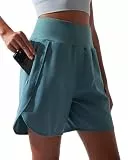 BebreezChic Sporthose Kurz Damen Sommer Hohe Taille Sport Shorts 2 in 1 mit Tasche Schnelltrocknende Running Shorts Fitness Yoga Kurze Hose