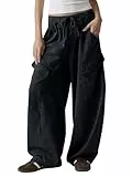 Fisoew Damen Baggy Y2K Hosen Elastische Taille Cargohose mit Kordelzug und Taschen Casual Weite Beine Pants Schwarz XXL