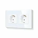 LIAONFOY Schuko Doppel Steckdose mit Kindersicherung Glasrahmen 2 Fach Wandsteckdose Unterputz Weiße Zweifach 110-250V 157mm