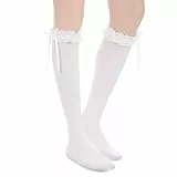 Telooco Lolita Socken Mädchen Weiß Kniehohe Spitzen Socken mit Rüschen Damen Gekräuselte Söckchen mit Schleife Damen Mädchen Prinzessin Loli Rüschensocken Schleife Kniestrümpfe Kinder