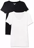 Amazon Essentials Damen Kurzärmeliges T-Shirt mit V-Ausschnitt, Schmale Passform, 2er-Pack, Schwarz/Weiß, M