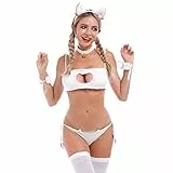 IDOPIP Damen Cosplay Dessous Set Japanische Anime Katze Kostüm Sexy Outfits für Cosplay Party, Halloween, Karneval Weiß 02 one size