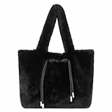 MEGAUK Damen Plüsch Umhängetasche Große Kapazität Cartoon Bär Stickerei Shopper Schultertasche Tote Bag für Uni Arbeit Mädchen Schule (08404 Schwarz)