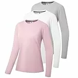 3er-Pack Damen Baumwoll Langarm T-Shirts Rundhalsausschnitt Feuchtigkeitstransportierende Shirts Bequeme Freizeit Oberteile Grau/Weiß/Rosa-03-XL