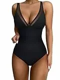 RXRXCOCO V Ausschnitt Sexy Mesh Badeanzug Damen Bauchweg Shape Bademode Rückenfrei Badeanzug Mit Cups Swimsuit Schwarz XL