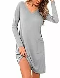 Aseniza Nachthemd Damen Langarm Schlafshirt Nachtwäsche Baumwolle Sleepshirt Schlafkleid Nightgown V-Ausschnitt mit Taschen Grau L