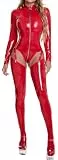 Adigau Leder Bodystocking Frauen Zip Wetlook Nachtclub Slim Fit Bodysuit Glänzend Strumpfhose Sexy Langarm Lackleder Unitard High Cut Latex Party-Jumpsuit Rot M