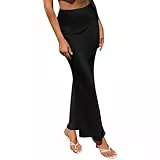 Odizli Satin Rock Damen Elegant Vintage Sommer Seiden High Waist A Line Maxirock Faltenrock Plisseerock Frauen Festlich Hochzeit Hochzeitsgast Meerjungfrau Rüsche Lang Röcke Schwarz L